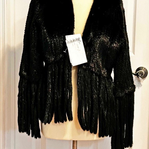 MINK JACKET, KNITTED, FRINGED BOTTOM, BLACK, MISSES MEDIUM, FRINGED SLEEVES, FUR - Picture 1 of 12